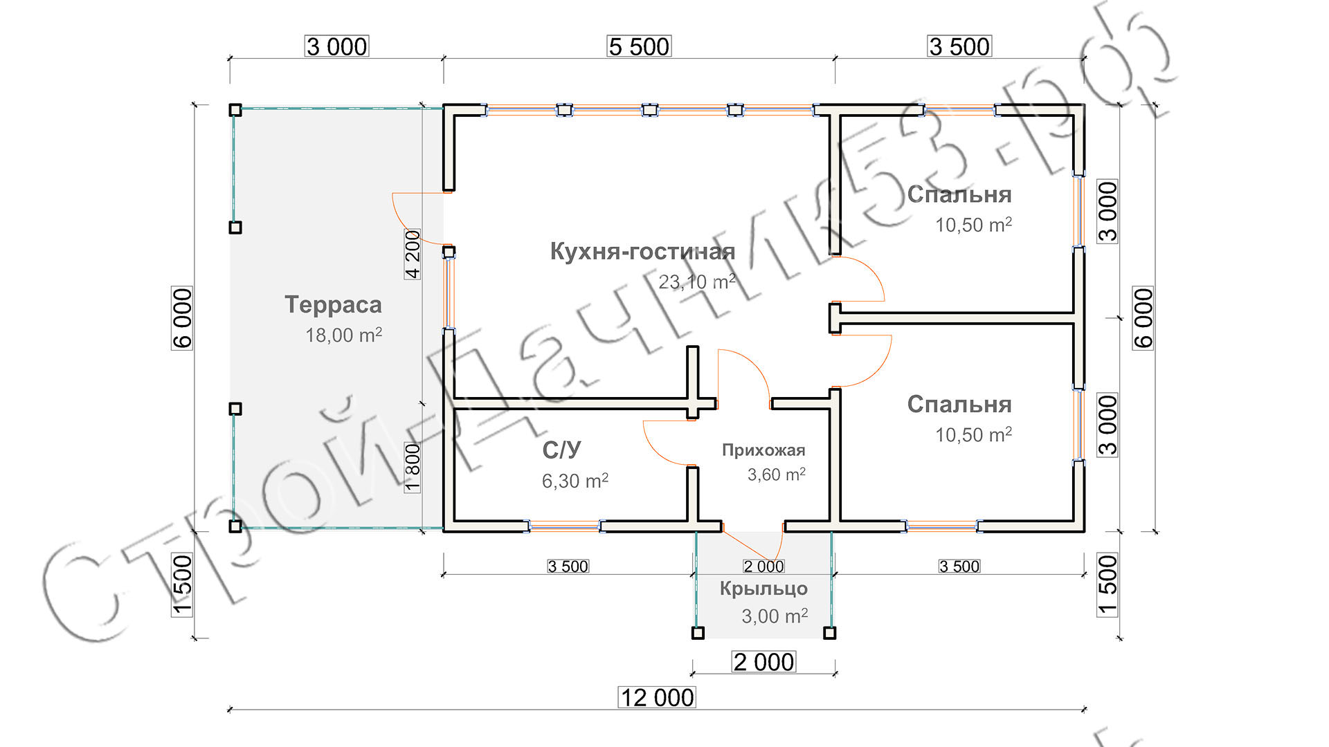 Проект каркасно-щитового дома Д–35, план 1-го этажа